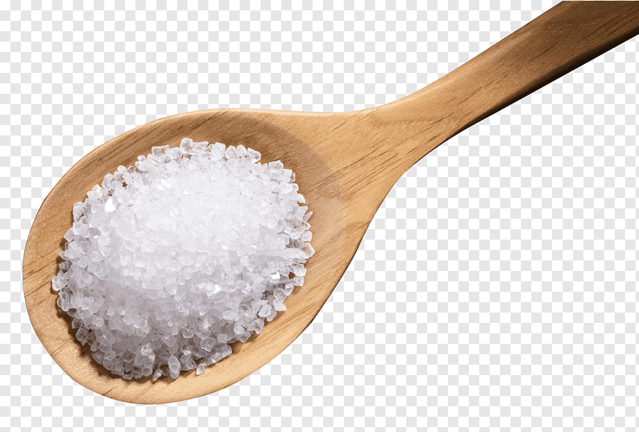 Wooden spoon filled with coarse white salt crystals on transparent background.