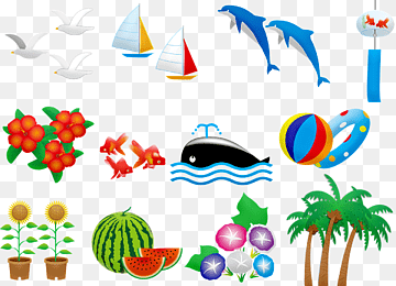 Collection of colorful summer-themed clipart including dolphins, sailboats, watermelon, flowers, palm trees, and beach balls.