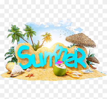 Tropical summer scene with palm trees, sandy beach, coconut drink, seashells, and "Summer" text in blue on sand.