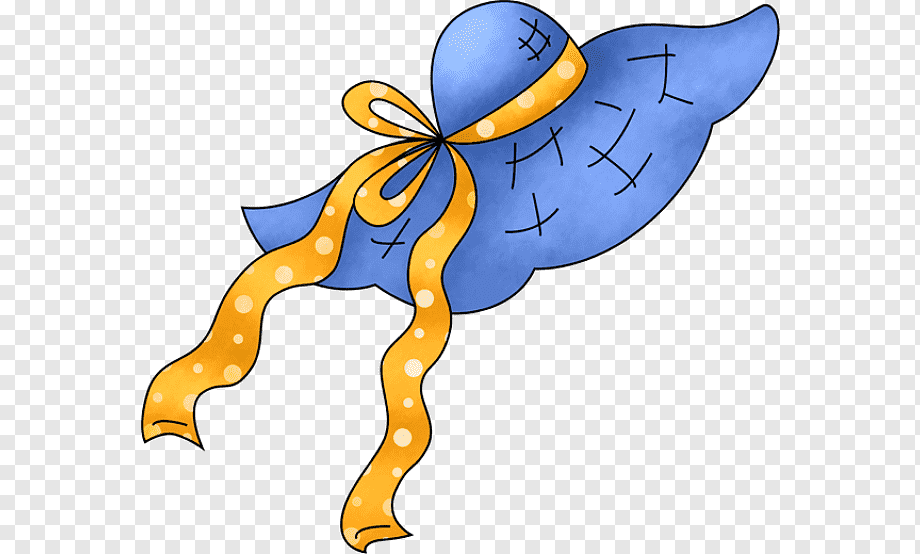Blue bonnet with yellow polka-dot ribbon and stitched details, cartoon-style illustration.