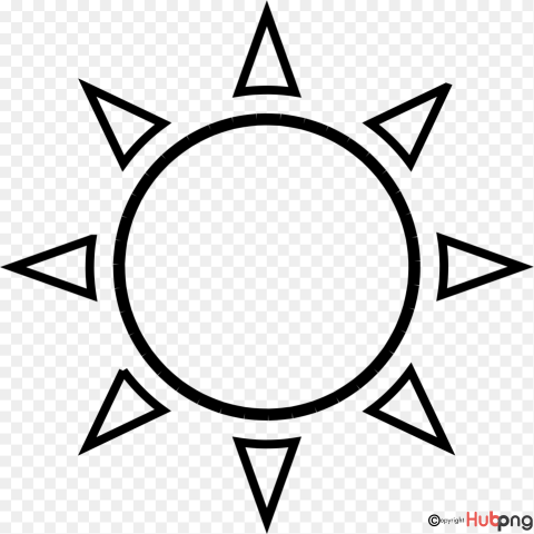 Simple black-and-white line drawing of a sun with eight triangular rays on transparent background.