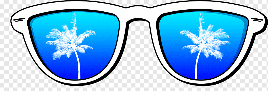 White-framed sunglasses with blue lenses reflecting white palm trees against a gradient sky.