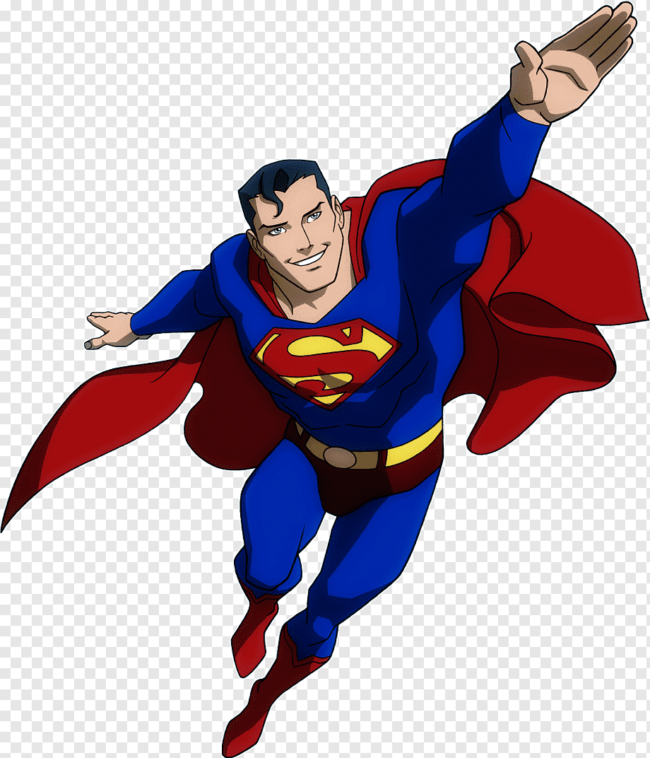 Superman flying in classic blue suit with red cape and iconic S-shield logo, smiling confidently.