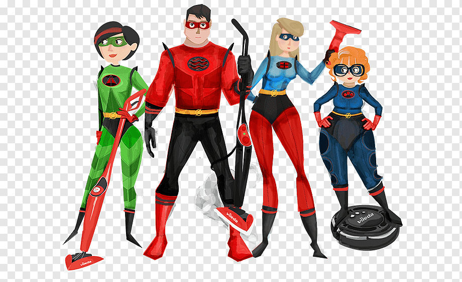 Four superhero-themed cleaning professionals in colorful suits holding Vileda cleaning tools on transparent background.