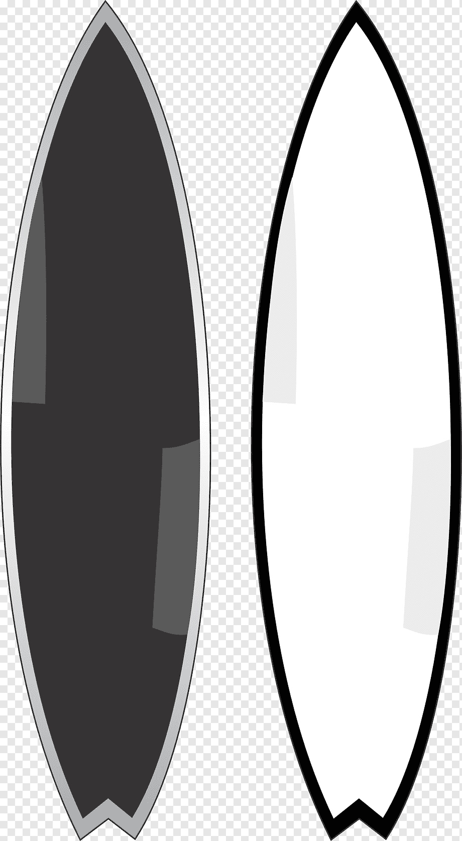 Two surfboard silhouettes side by side-one dark gray with silver trim, one white with black outline-on transparent background.