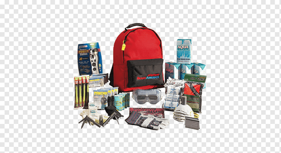 Red emergency preparedness backpack with survival gear including water, first aid, tools, gloves, and safety goggles.