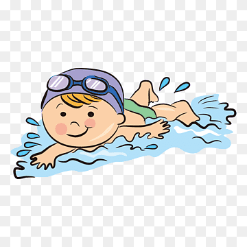 Happy child swimming freestyle with goggles and swim cap in blue water splashes.