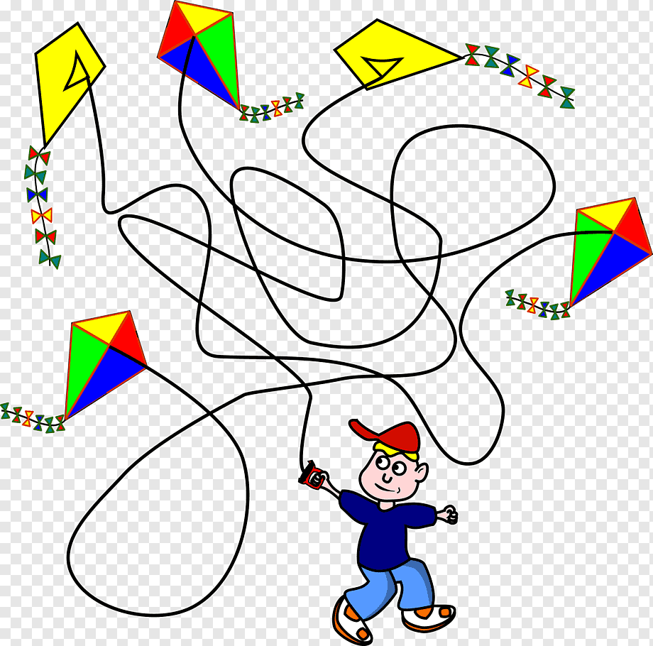 A cartoon boy flying five colorful kites with tangled strings against a transparent background.