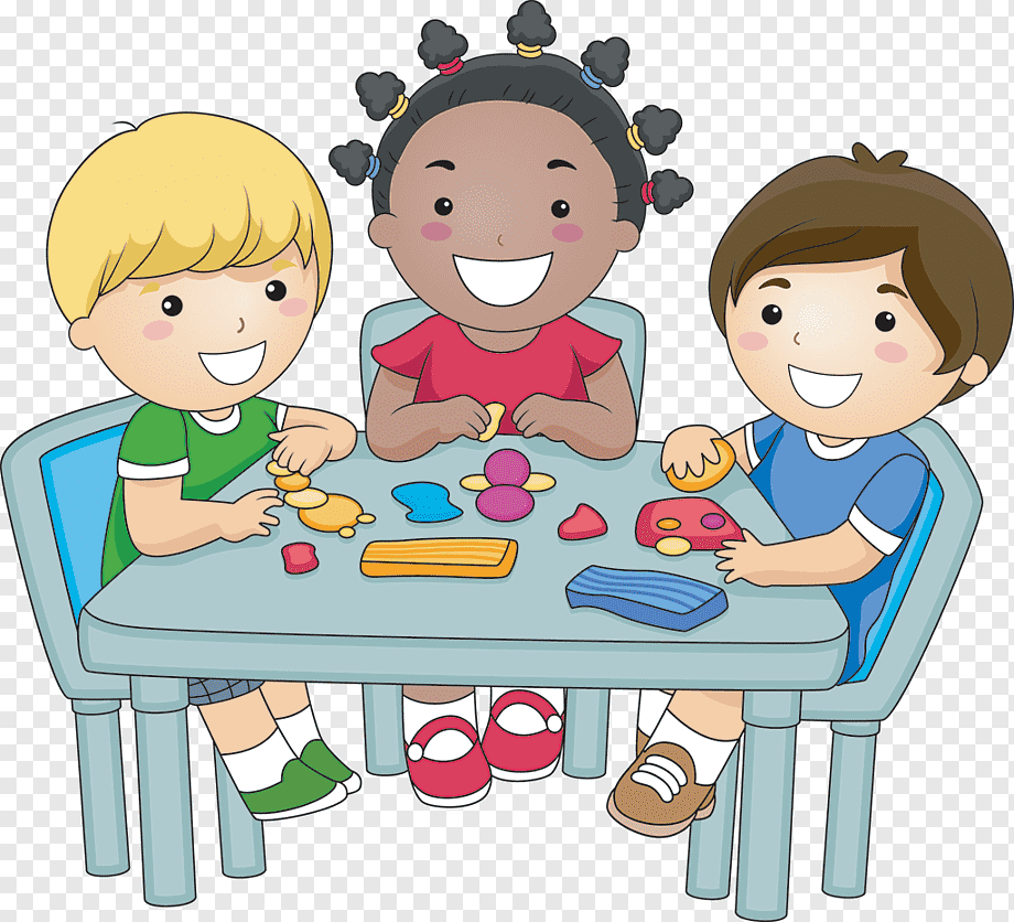 Three diverse children smiling and playing with colorful clay at a table.