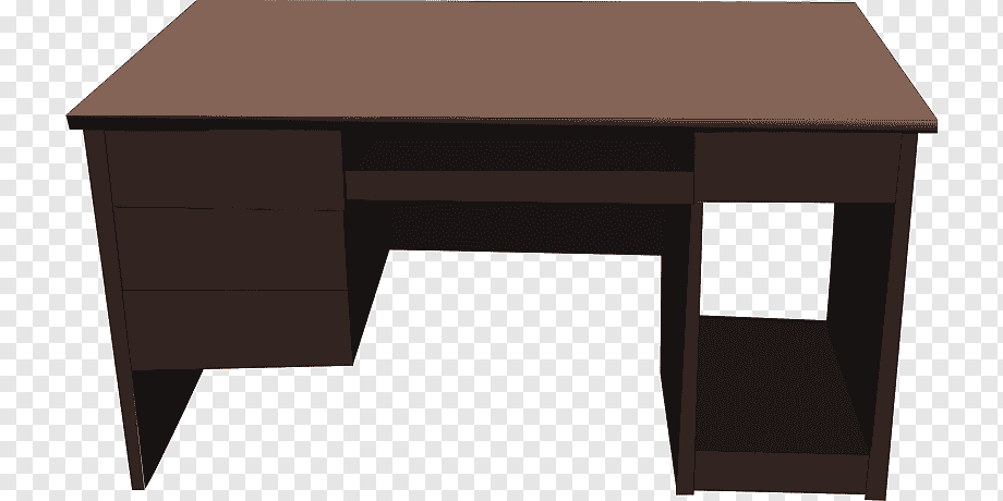 Simple brown wooden desk with three left drawers, one right drawer, and an open shelf on the right side.