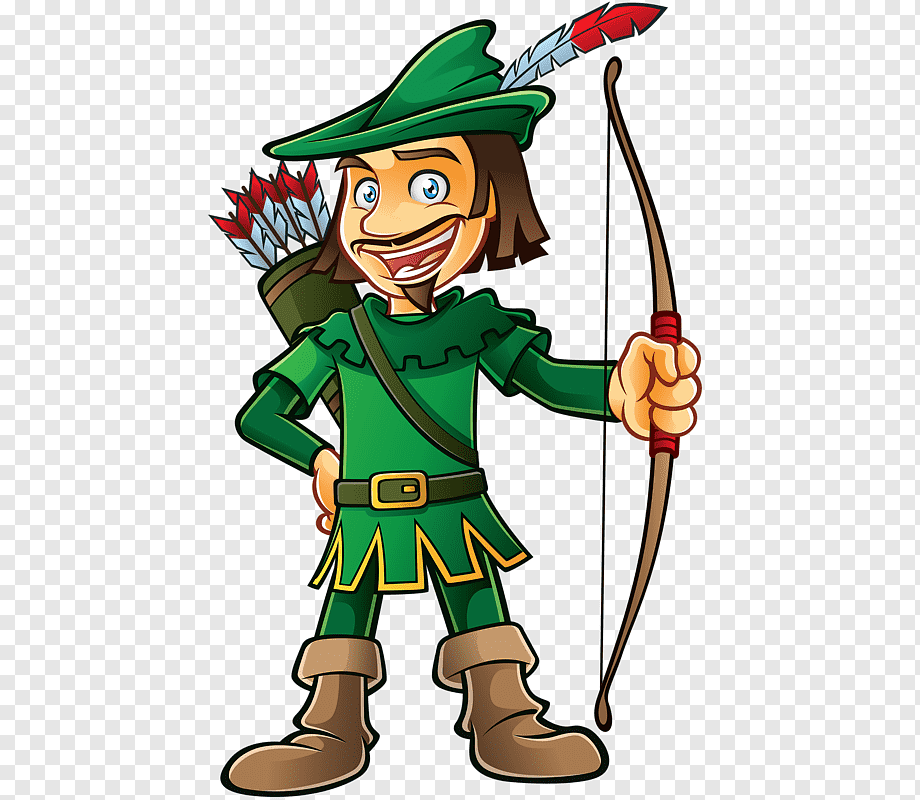 Cartoon Robin Hood in green outfit holding bow and arrow with quiver on back, smiling confidently.