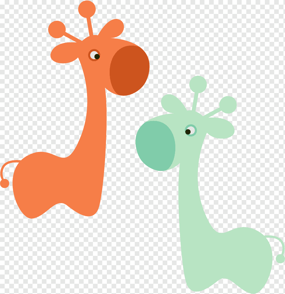 Two cartoon giraffes-one orange, one mint green-standing side by side with playful expressions and ossicones.