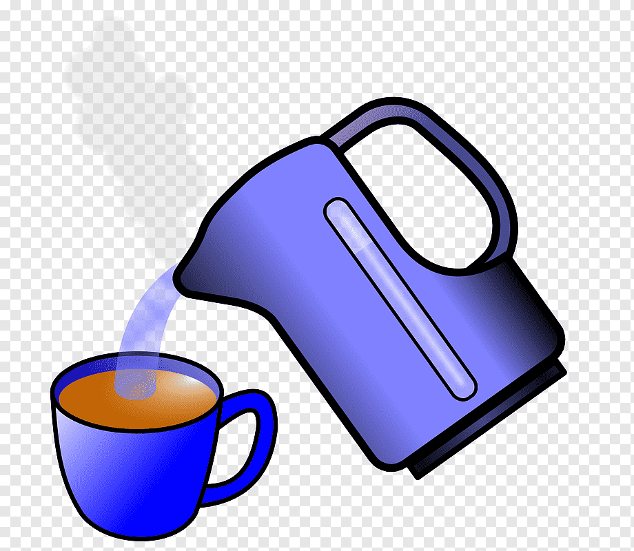 Blue electric kettle pouring hot liquid into a matching blue mug with steam rising.