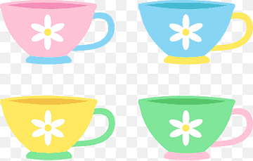 Four pastel-colored teacups with white daisy flowers-pink, blue, yellow, and green-arranged on a transparent checkered background.