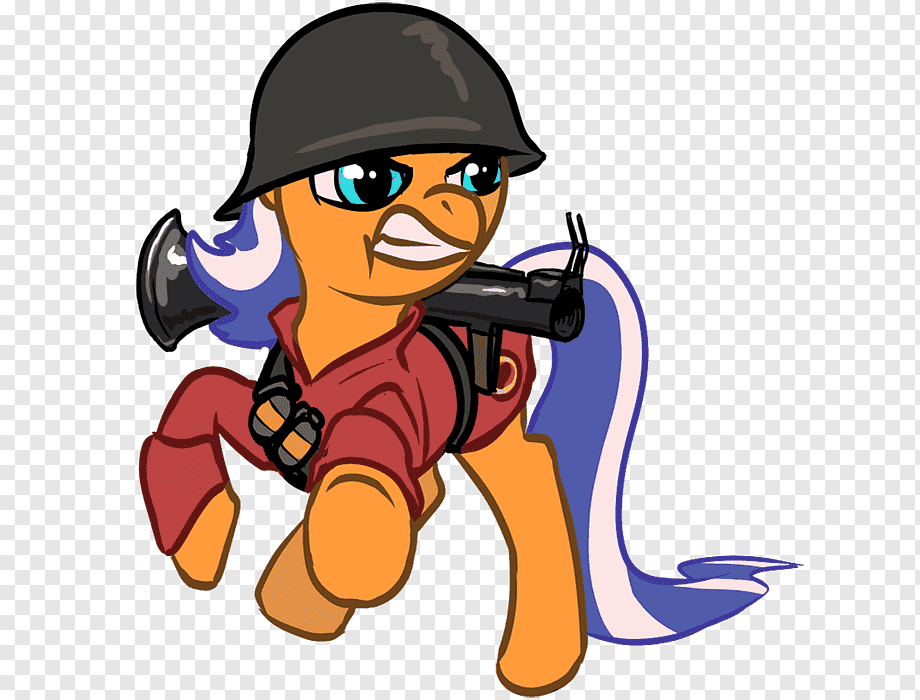 Orange pony soldier in red uniform, black helmet, and blue mane holding a rifle, running forward with determined expression.