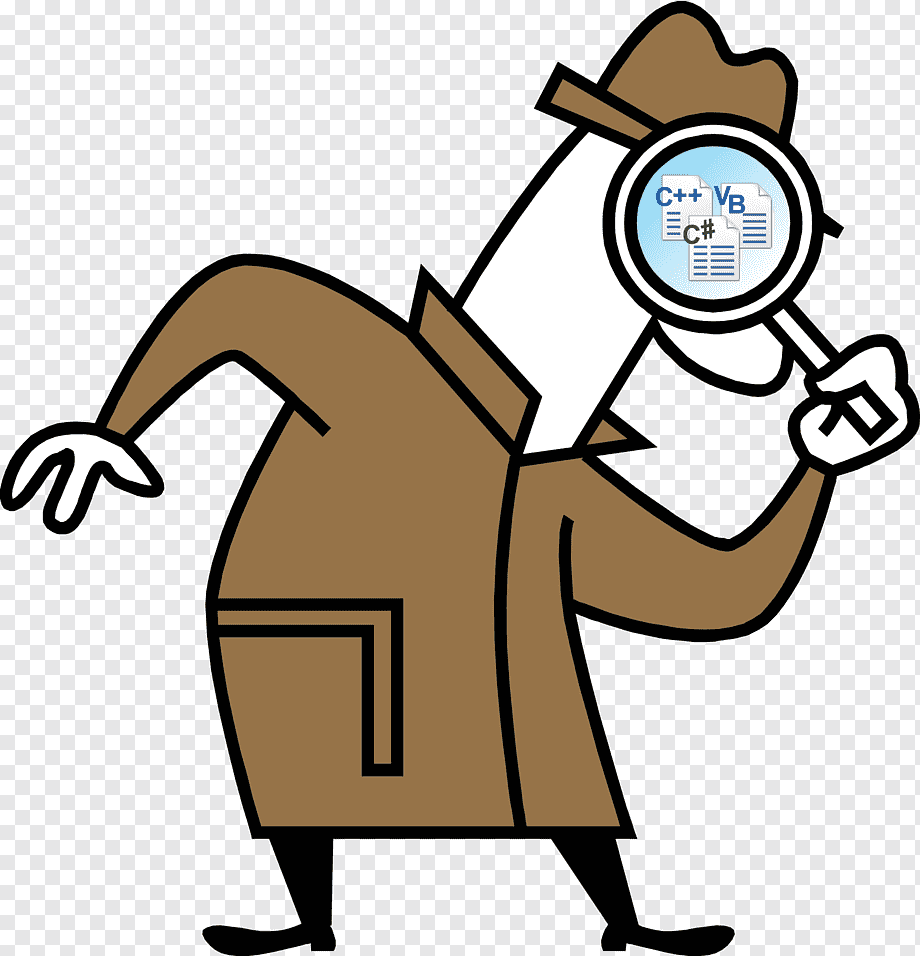 Detective in trench coat and fedora inspecting code snippets (C++, VB, C#) through a magnifying glass.