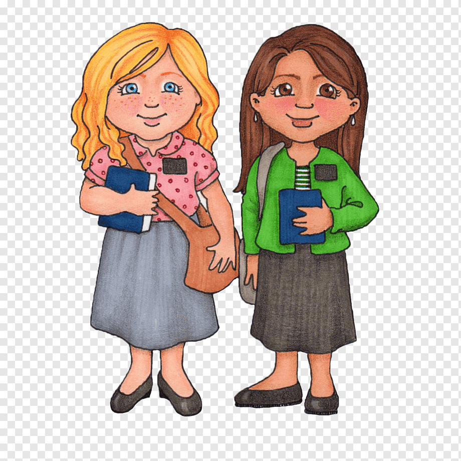 Two smiling young female students holding books and wearing school uniforms with backpacks.