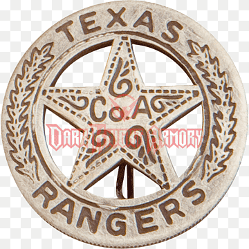 Vintage Texas Rangers badge with five-pointed star, laurel wreath, and "Co. A" inscription.