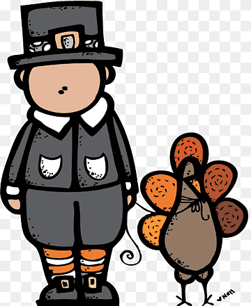 Pilgrim boy in black hat and coat standing beside a cartoon turkey, Thanksgiving-themed illustration.