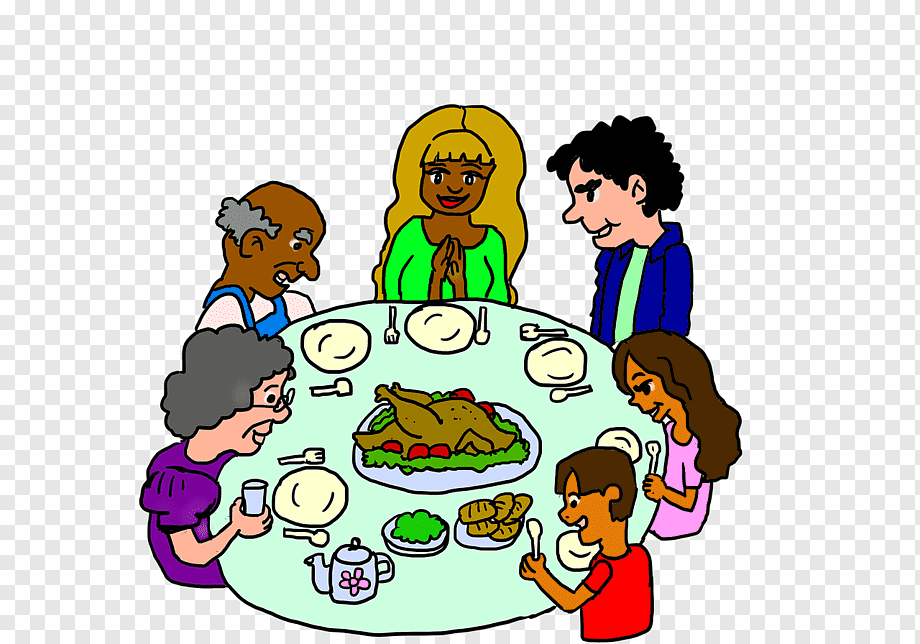 Multigenerational diverse family gathered around a dinner table with roasted chicken and side dishes, smiling and praying before eating.