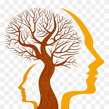 Silhouette of two human profiles facing each other with a leafless tree growing from the center, symbolizing shared thought or growth.