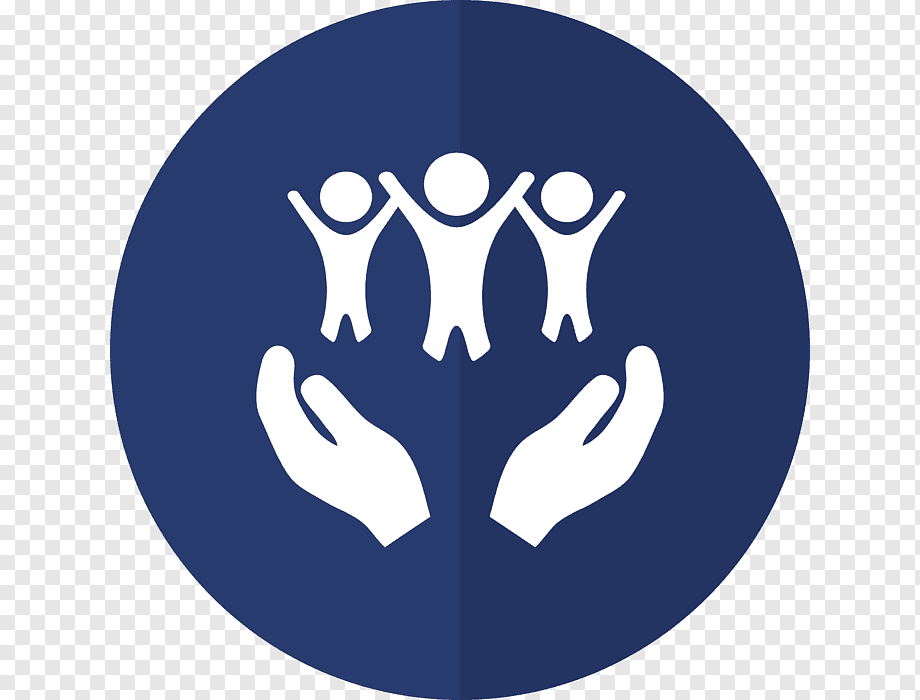 Blue circular icon showing two hands cradling three stylized human figures, symbolizing care, protection, and community support.