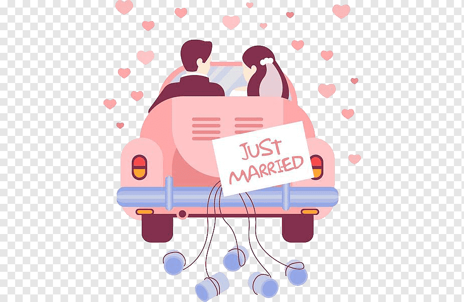 Newlywed couple driving a pink vintage car with "Just Married" sign and heart confetti.