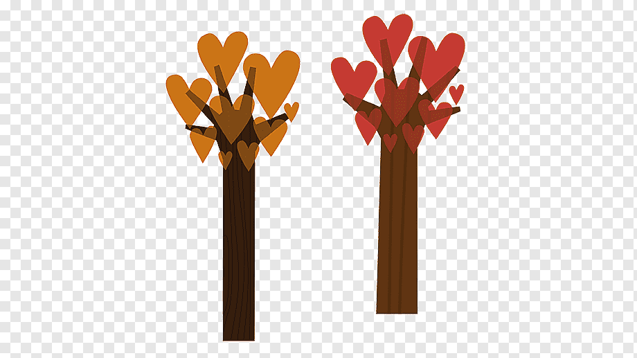 Two stylized trees with heart-shaped leaves-left in autumn orange, right in vibrant red-symbolizing love and seasonal change.