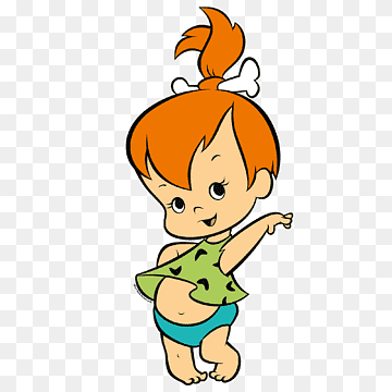 Pebbles Flintstone, a cartoon toddler with orange hair in a ponytail, wearing a green leaf top and blue diaper, pointing playfully.