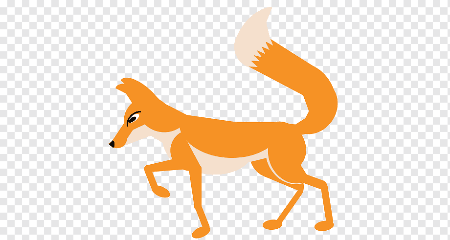 Stylized orange fox with white-tipped tail walking left on transparent background