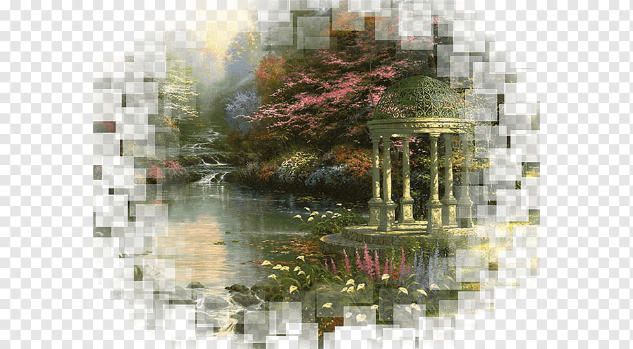 Serene garden scene with ornate gazebo, blooming flowers, and a tranquil stream surrounded by lush foliage.