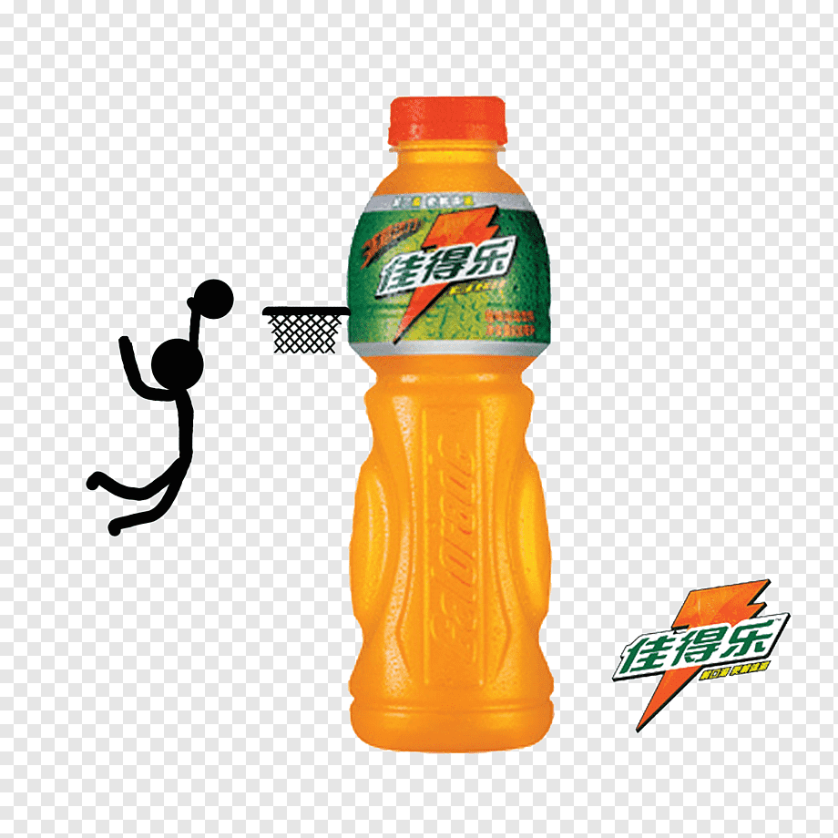 A bottle of orange Gatorade with Chinese branding, accompanied by a stick-figure basketball player dunking and the logo.