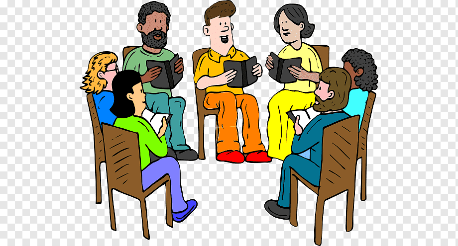 Diverse group of seven adults sitting in a circle reading books together, engaged in discussion or study.
