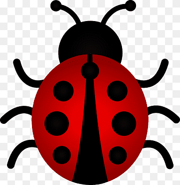 Red ladybug with black spots, six legs, and antennae on transparent background.