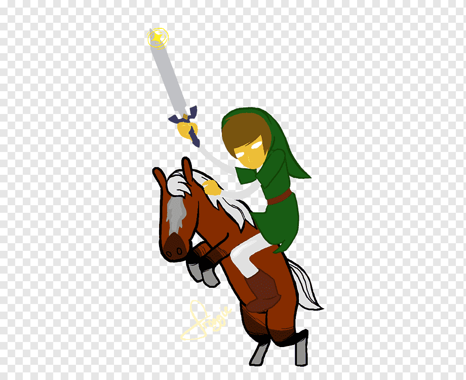 A green-clad hero rides a rearing brown horse, wielding a glowing sword aloft in a dynamic cartoon pose.