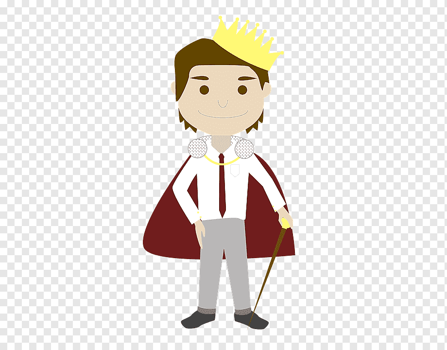Cartoon king in crown, red cape, and business attire holding a scepter.