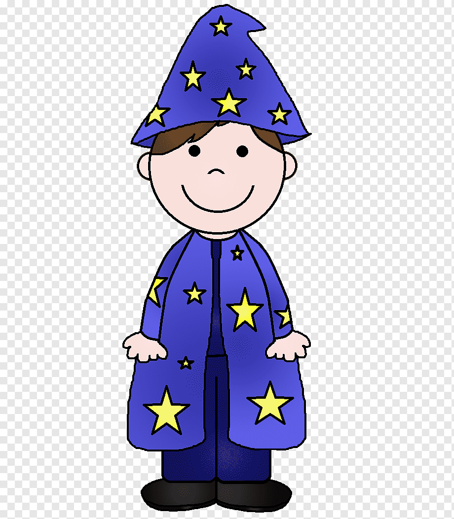 Smiling cartoon wizard boy in blue starry robe and pointed hat.