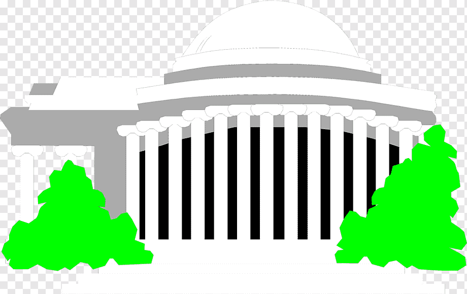 Classical domed building with columns and green shrubs, stylized vector illustration.