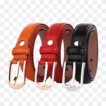 Three stylish leather belts in orange, red, and black with silver-tone buckles, coiled and displayed side by side.