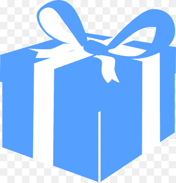 Blue gift box with white ribbon and bow, presented on transparent background.