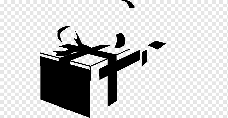 Black-and-white stylized illustration of an open gift box with ribbon and flying confetti pieces.