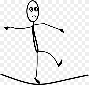 Stick figure balancing uneasily on a curved tightrope with worried expression.