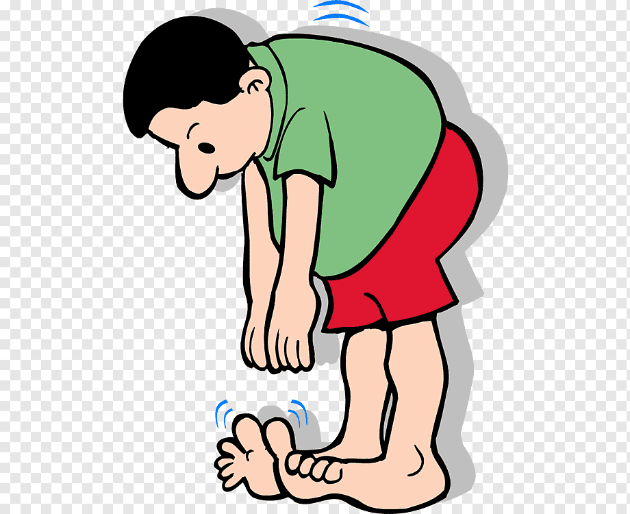 A cartoon boy in green shirt and red shorts bending over, holding his feet with visible tremor lines indicating shaking or pain.
