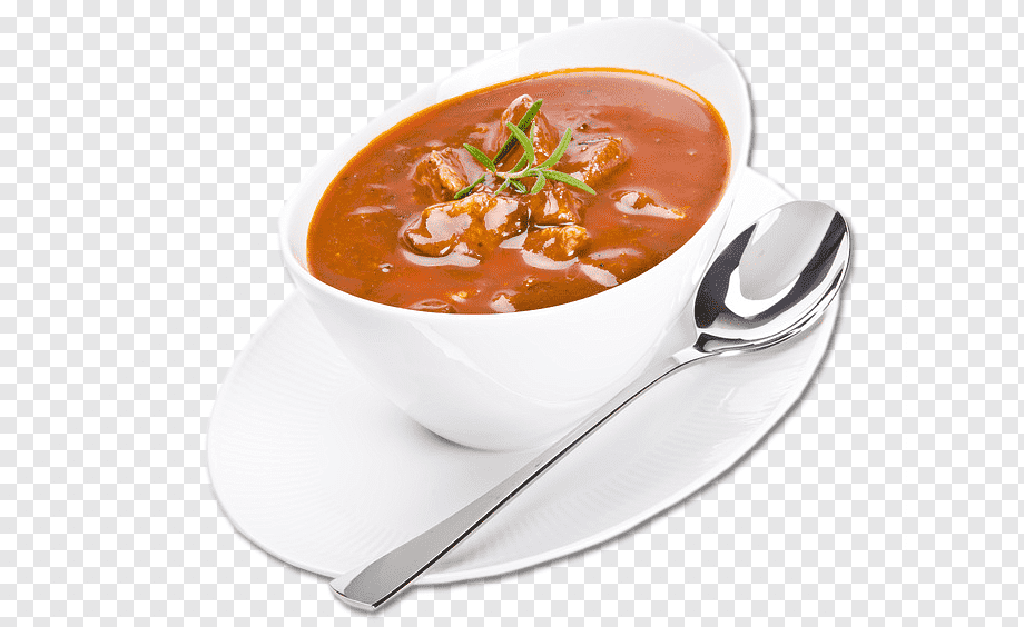 A white bowl of rich tomato-based stew with tender meat chunks and fresh rosemary, served on a saucer with a spoon.