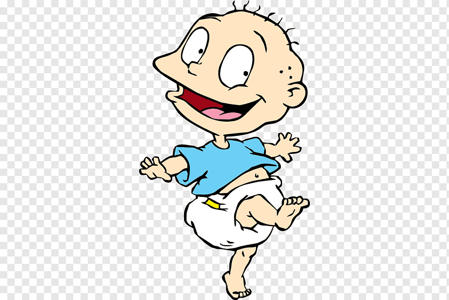 Smiling cartoon baby in blue shirt and diaper, mid-jump with joyful expression.