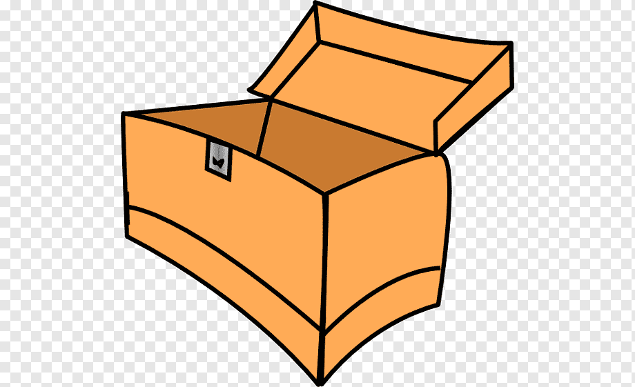 Orange open cardboard box with lid ajar and small latch on front, illustrated in simple line art style.