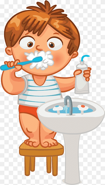 Young boy brushing teeth with foam, standing on stool beside sink holding toothpaste bottle.