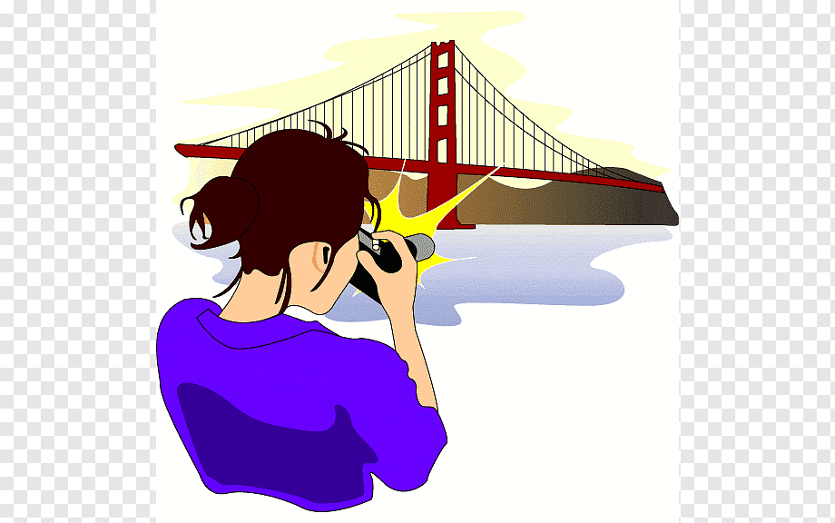 A woman in a purple shirt photographs the Golden Gate Bridge with a smartphone, sunburst effect highlighting the scene.