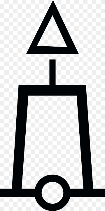 Stylized black symbol featuring an upward triangle atop a trapezoidal body with a central vertical line and a circular base on a horizontal line.