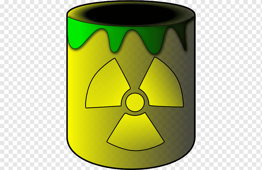 Yellow radioactive waste drum with green hazardous liquid dripping from the rim and black interior.